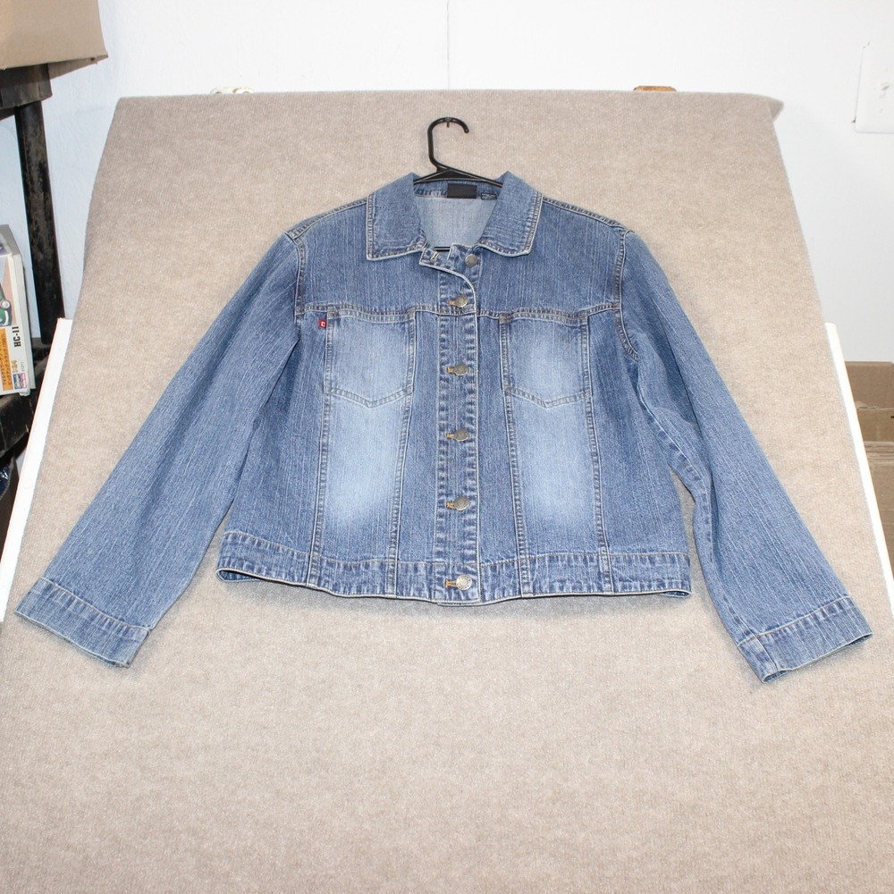 Chico's Women Blue Denim Trucker Jacket Size 1 Medium Wash Stretch Cotton